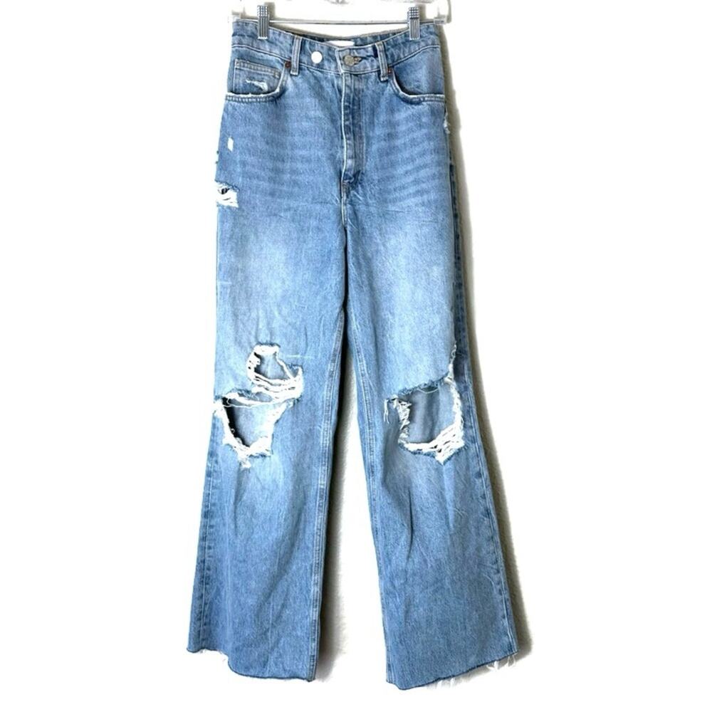 Zara Double Button Wide Leg Ripped Distressed Denim Jeans Size 8